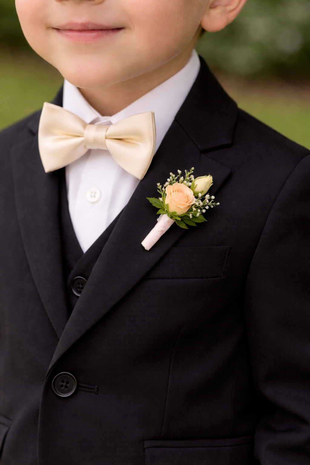 Peachy Paradise Page boy Boutonnieres