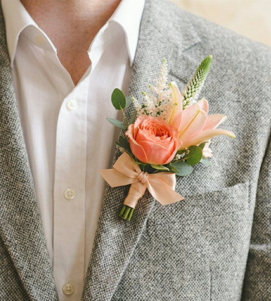 Wild Coral Bloom Groom Boutonniere