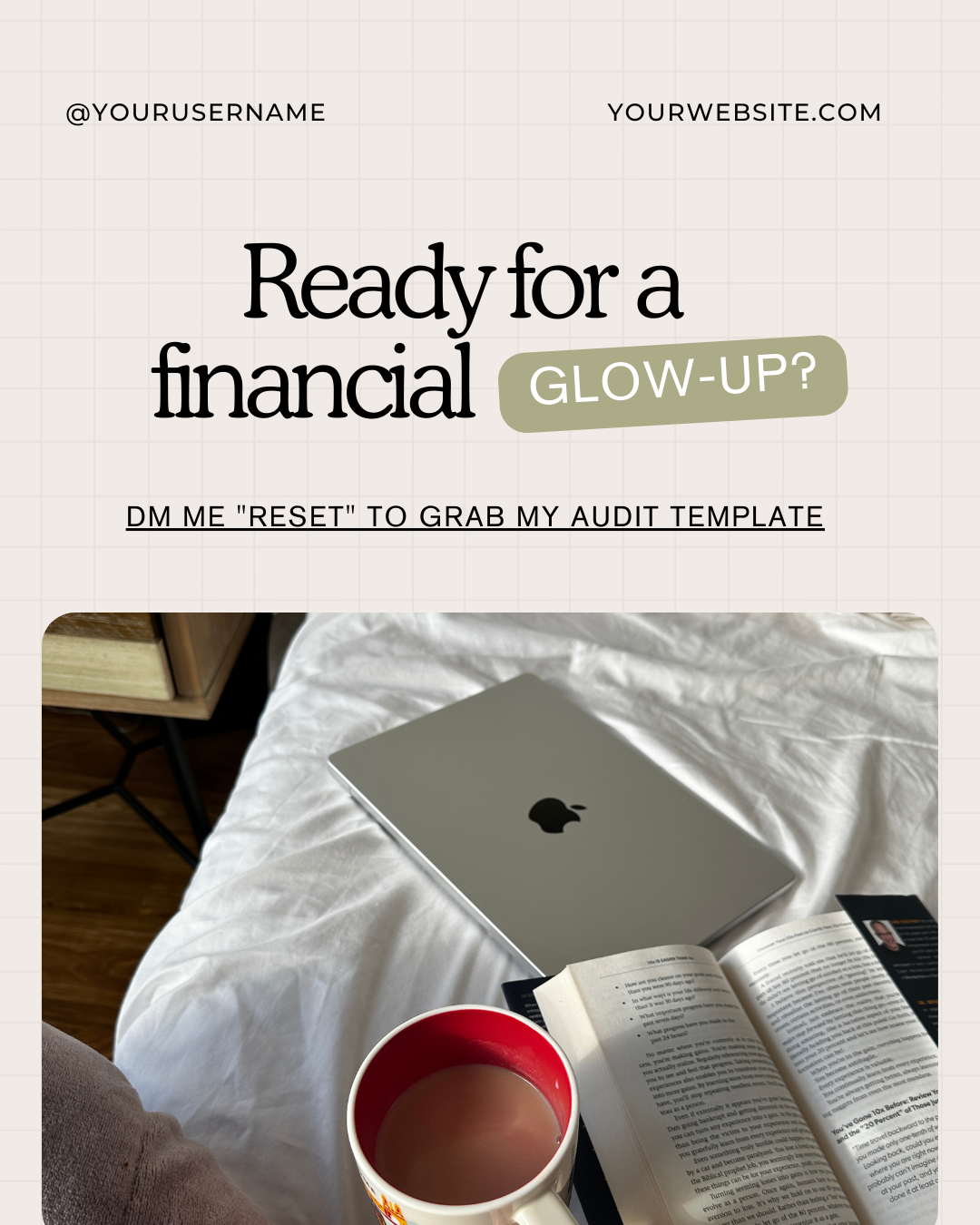 A closed silver Apple MacBook on a white bed, an open book, a mug of tea, and a black card with a photo of a person and some text.
