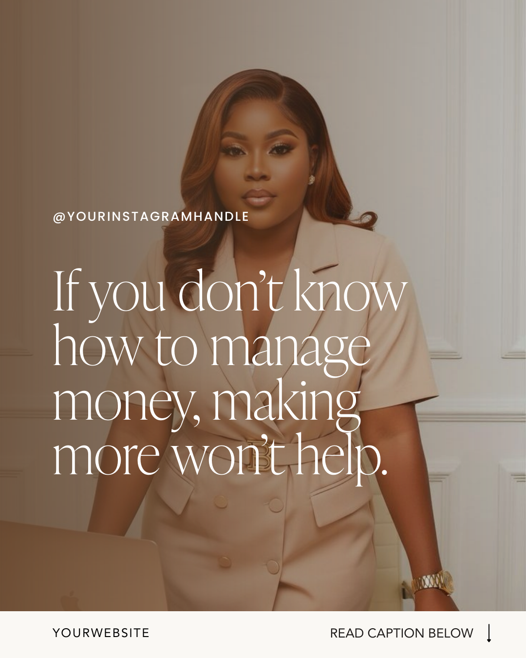 A woman with styled hair and makeup wearing a beige blazer, standing in front of a white paneled wall with motivational quote overlayed.