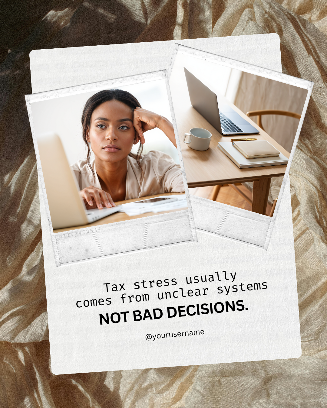 A woman looks stressed while sitting at a desk, with a laptop, notebook, pen, and mug. The photo is overlaid with a quote about tax stress and decision making.