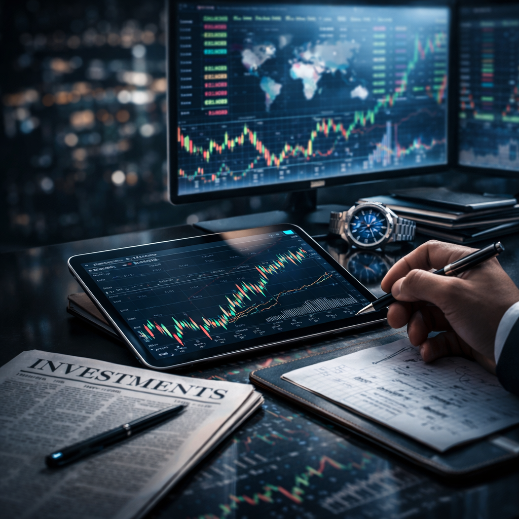 A person analyzing financial data on a digital tablet with stock charts, in a dark office with a monitor displaying stock market graphs, an investment newspaper, a pen, a wristwatch, and a notepad.
