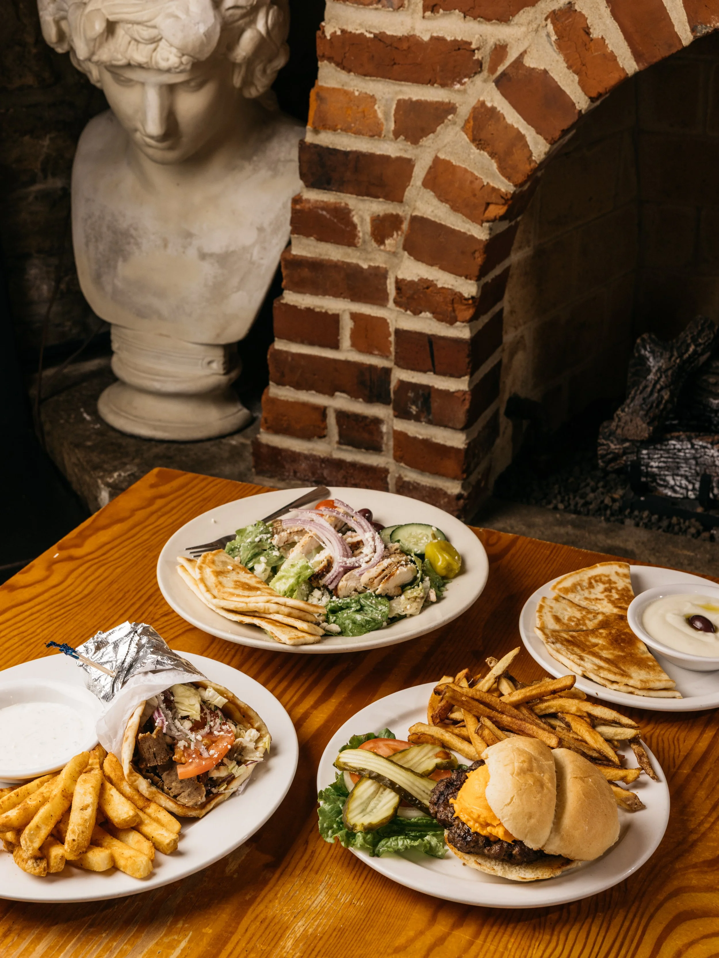 Greek, tavern, bar, food, fries, burger, salad, dip