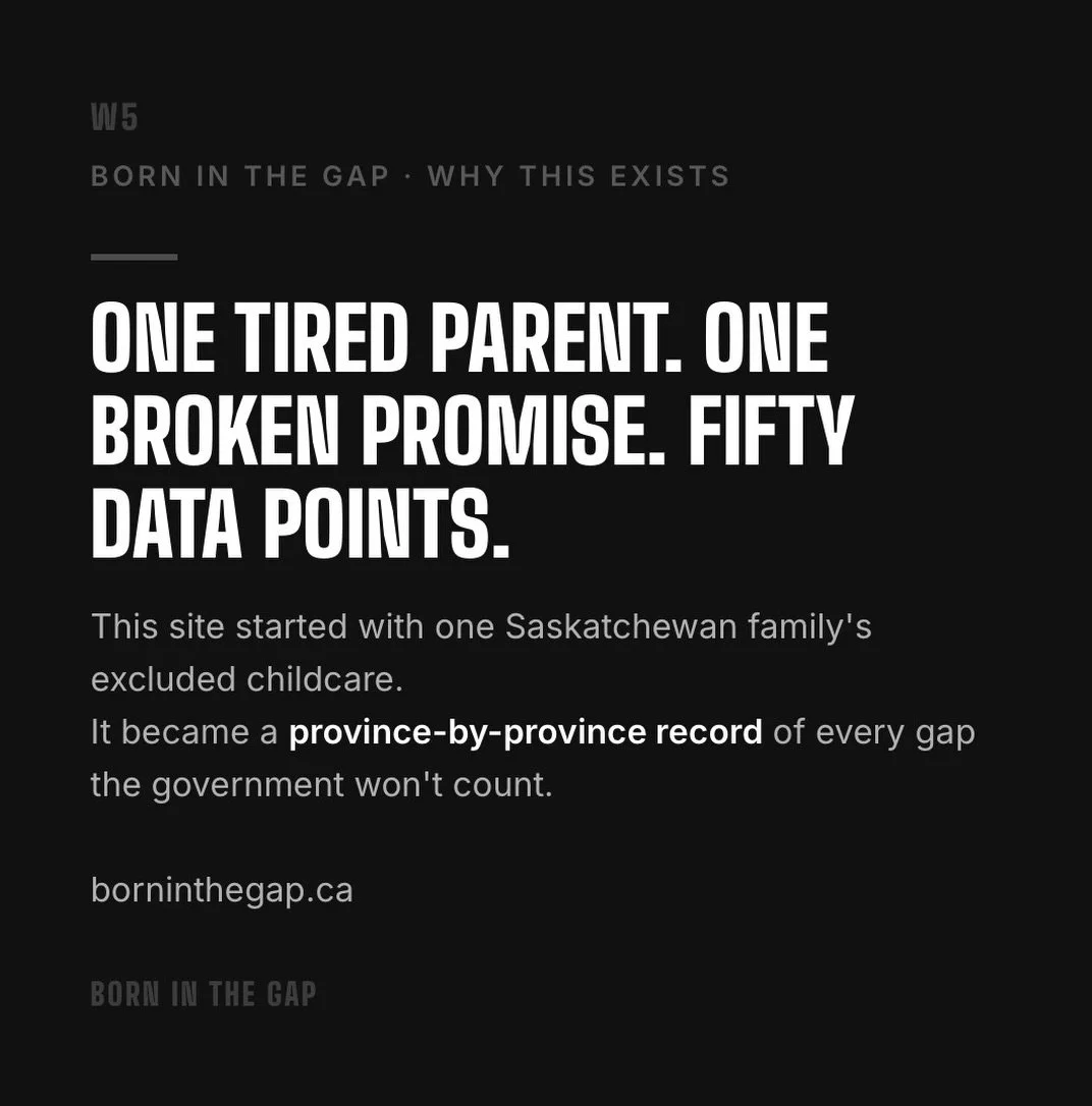 This site started with one family.

One Saskatchewan parent who found out their child was excluded from $10/day childcare &mdash; not because they didn&rsquo;t qualify, but because of the month their child was born.

She started asking questions.

Ho