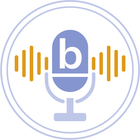 Podcast logo featuring a microphone with a 'b' on it, surrounded by soundwaves and concentric circles.