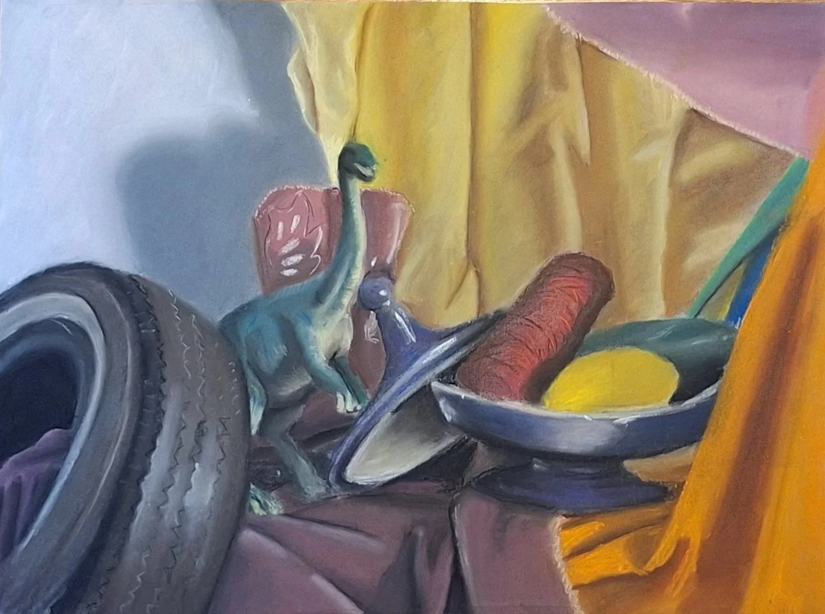 Untitled still life, 2026. 

Oil pastel on toned paper, 18x24 inches.