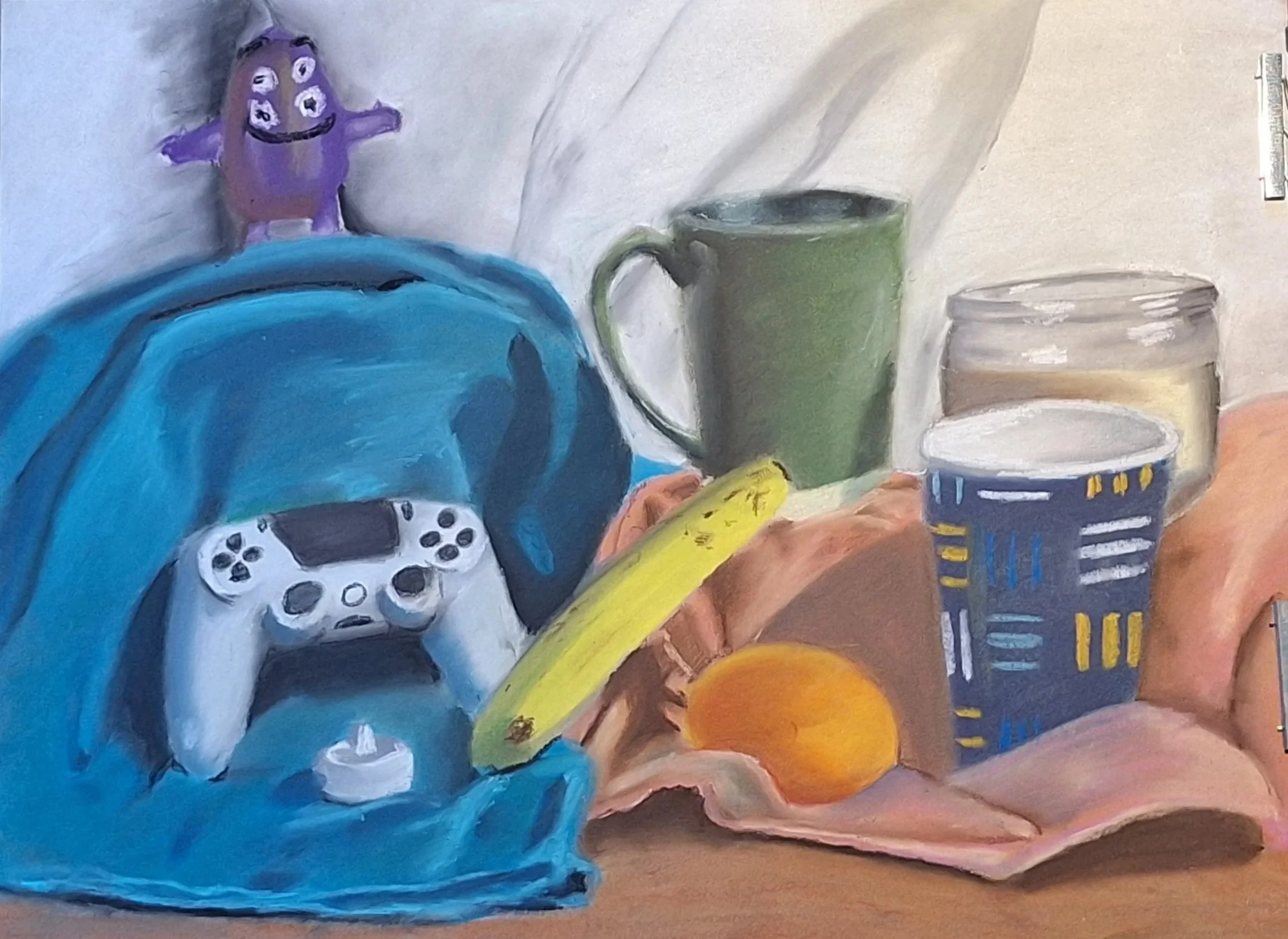 Untitled still life, 2026.

Oil pastel on toned paper, 18x24 inches.
