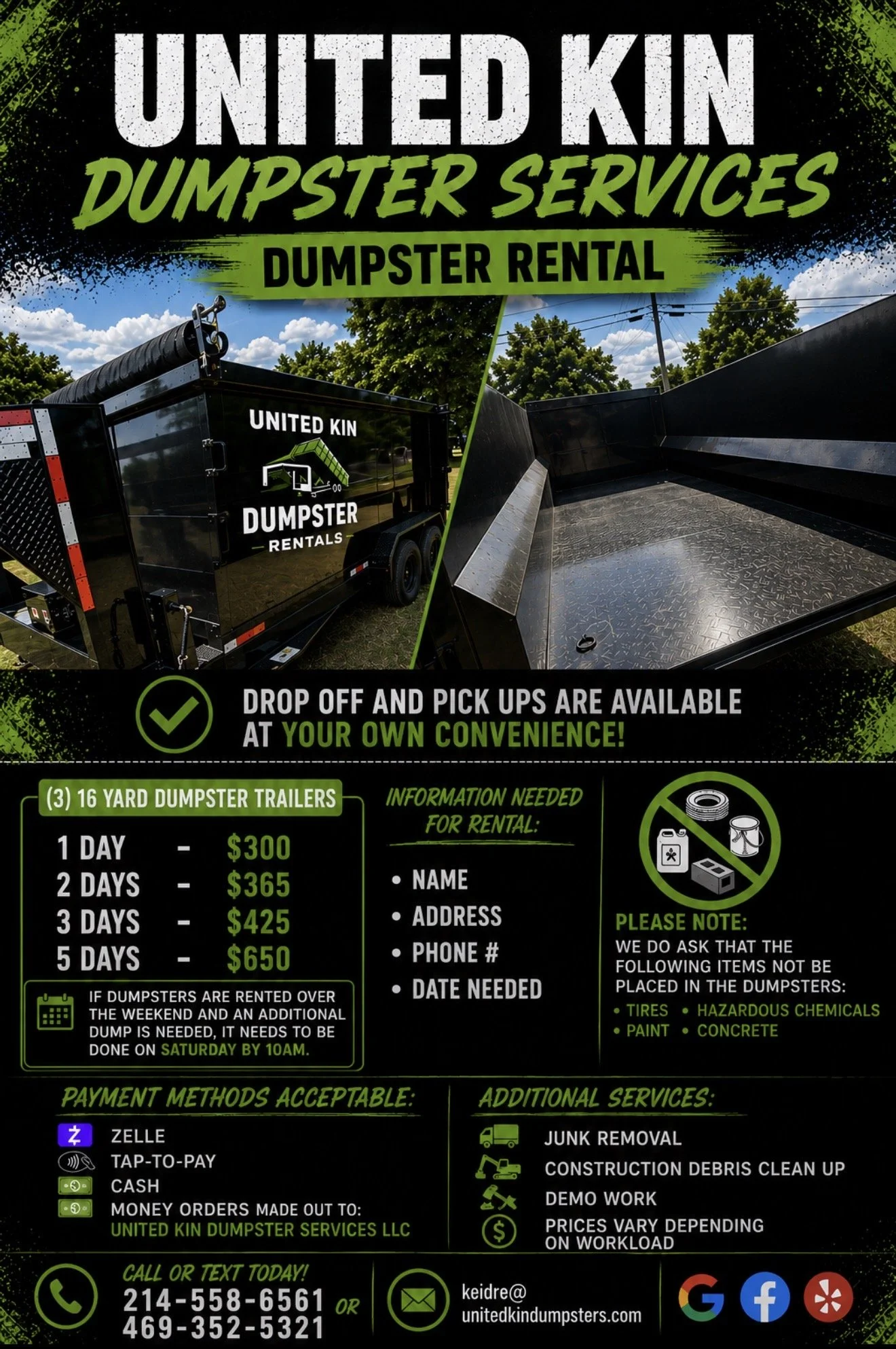 United Kin 16yard dumpster trailer parked in driveway for residential junk removal and debris hauling in Ellis County Texas⁠