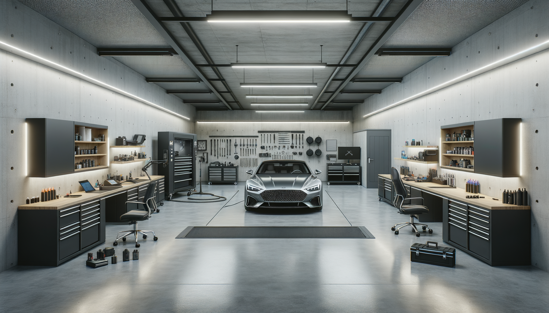 A sleek, modern car in a spacious, organized garage workshop with workbenches, tools, and equipment.