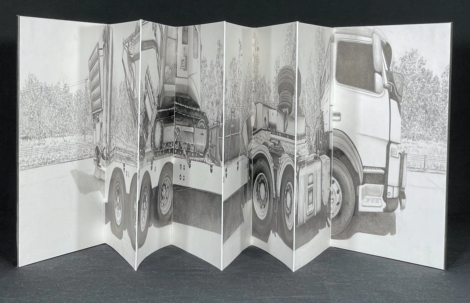 Overtake (2), 2023 (detail)
Carbon copy drawing in concertina book 27.5 x 130cm