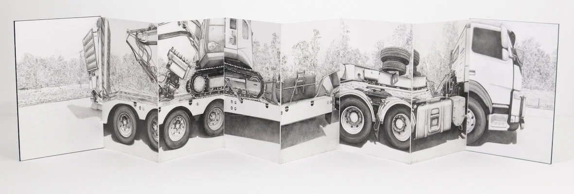 Overtake (2), 2023
Carbon copy drawing in concertina book 27.5 x 130cm