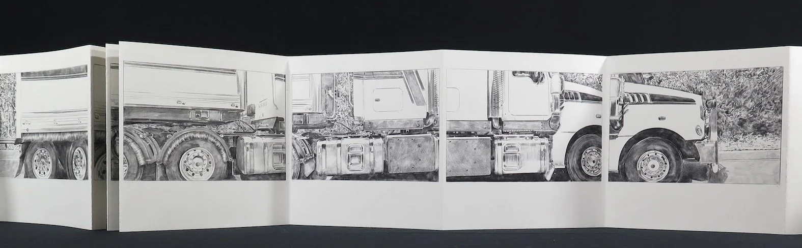 Overtake, 2022 (detail)
Carbon copy drawing in concertina book. 19 x 130cm