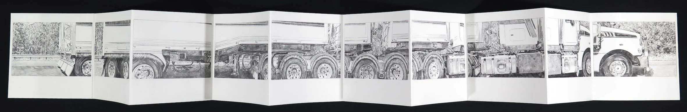 Overtake, 2022
Carbon copy drawing in concertina book. 19 x 130cm