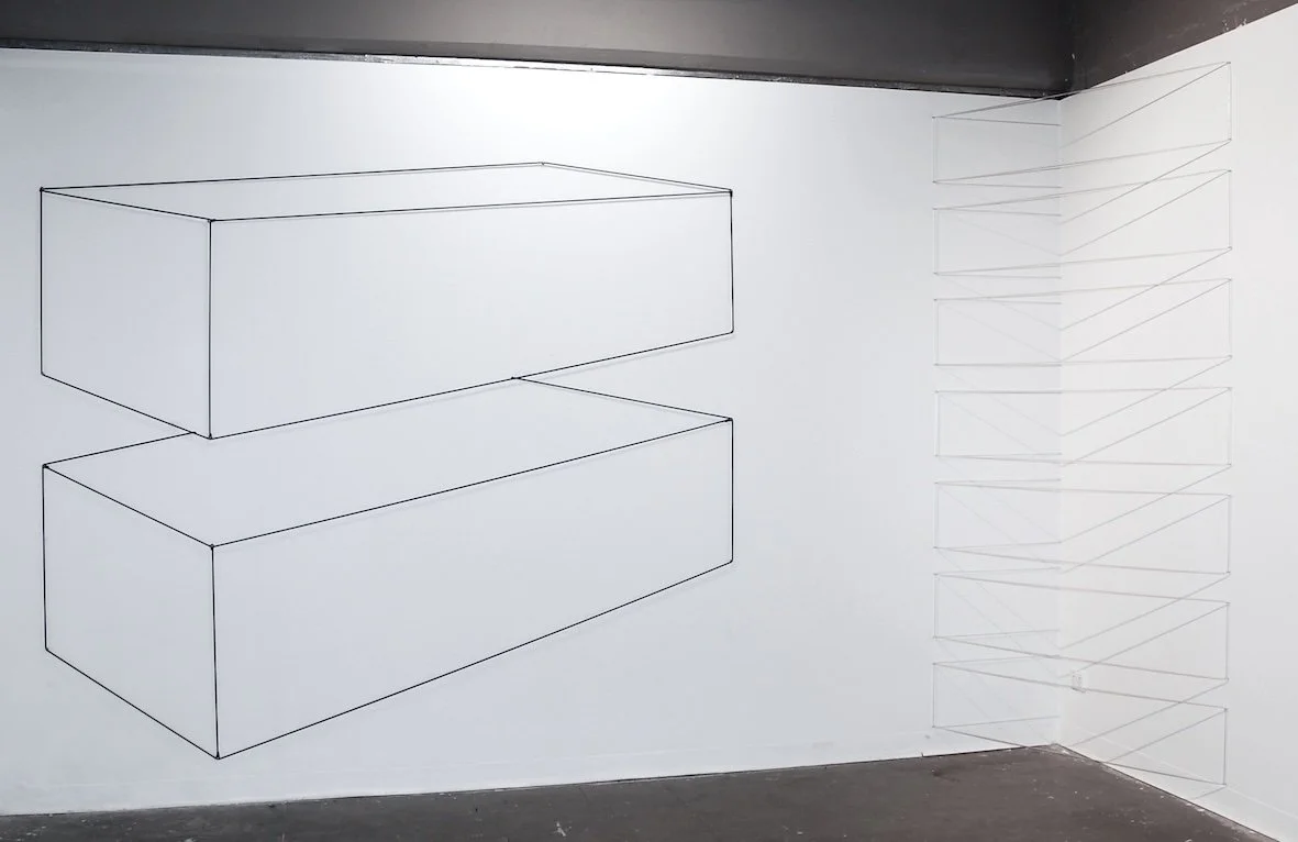 Slab, Elastic cord
Corner Construction, PVC tubing
Perspectdiva, Elastic cord
('Strung Out', Westspace, Wall drawings, 2006)