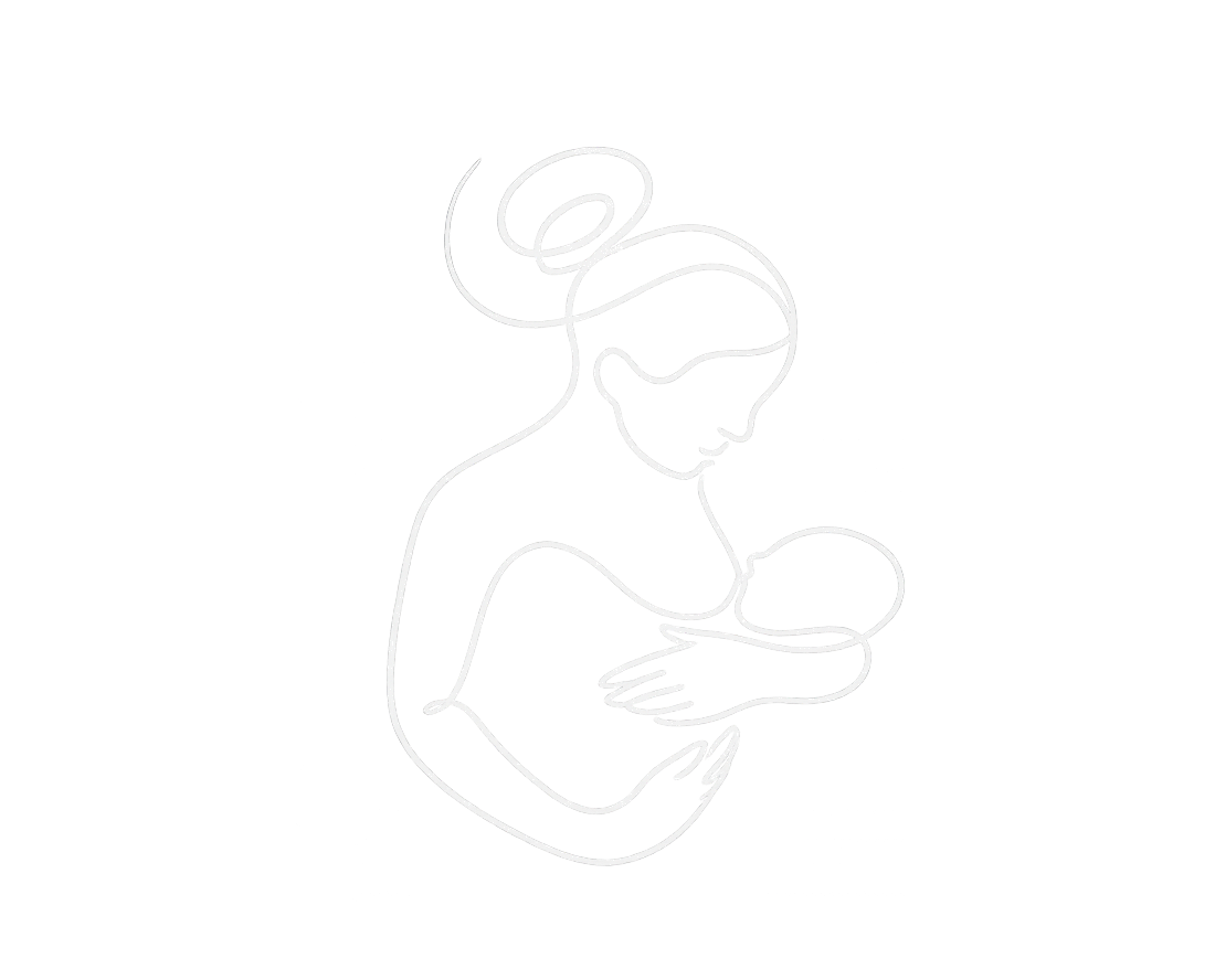 Line drawing of a mother holding her baby, with her face close to the baby's face, on a black background.