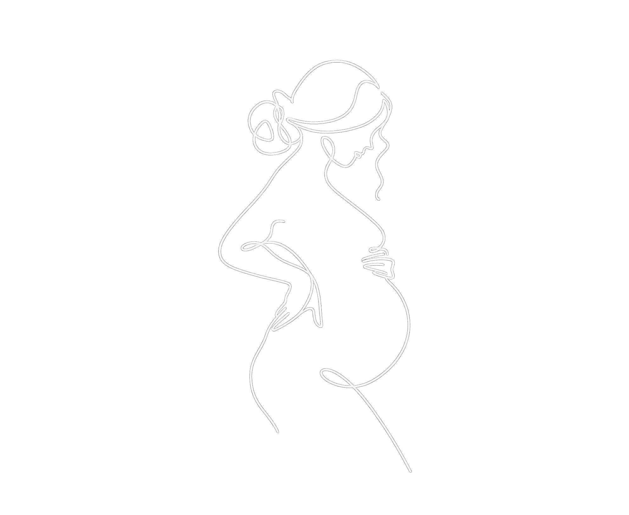 A minimalist white outline illustration of a woman with tied-back hair, sitting and possibly reading or contemplating, against a black background.