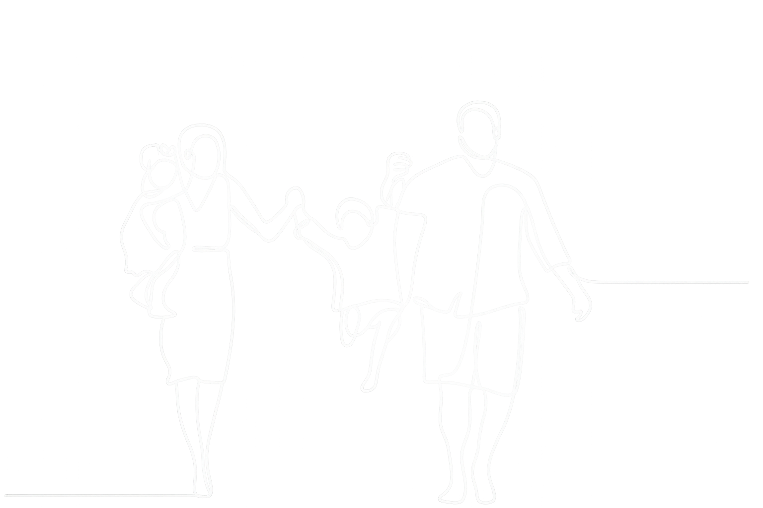 Line drawing of a family walking together, with a woman carrying a young girl on her back, and a man holding a child in his hand.