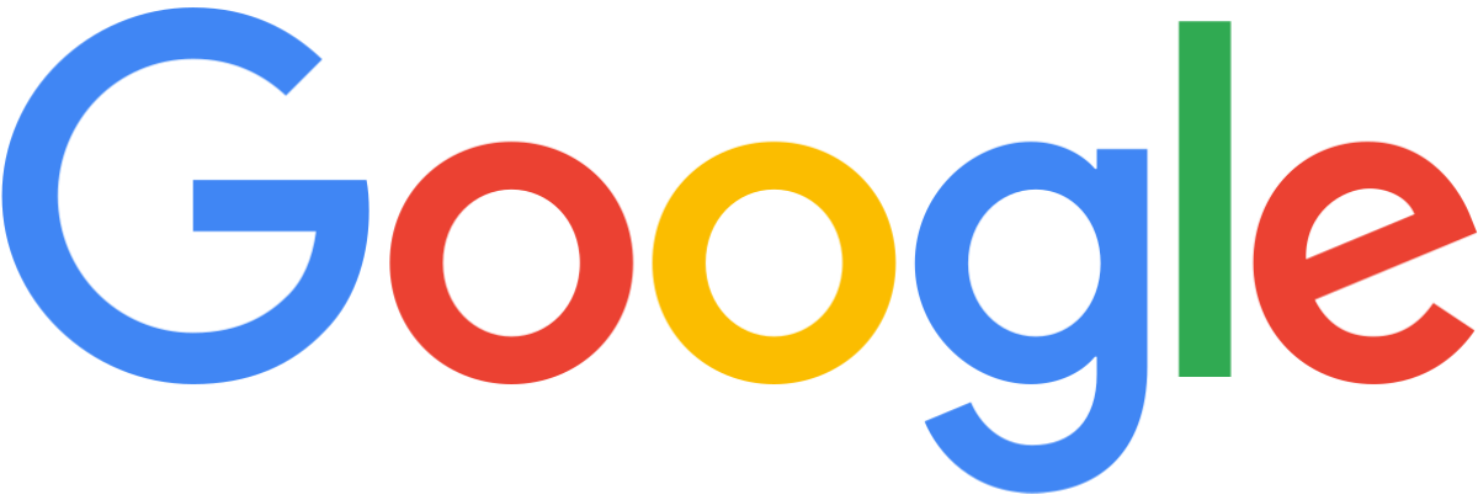 Google logo with colorful letters on a transparent background.