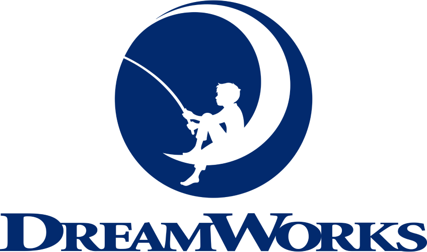 Silhouette of a child sitting on a crescent moon while fishing, with the DreamWorks logo underneath.