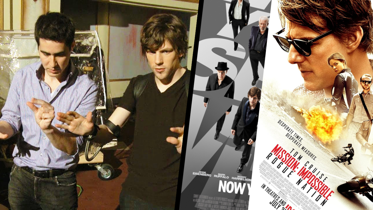 A collage of movie posters and behind the scenes moment for a film featuring David Kwong. The posters include 'Now You See Me', a silver poster with people in suits, and 'Mission: Impossible - Rogue Nation' with a woman, explosions, and motorcycles.