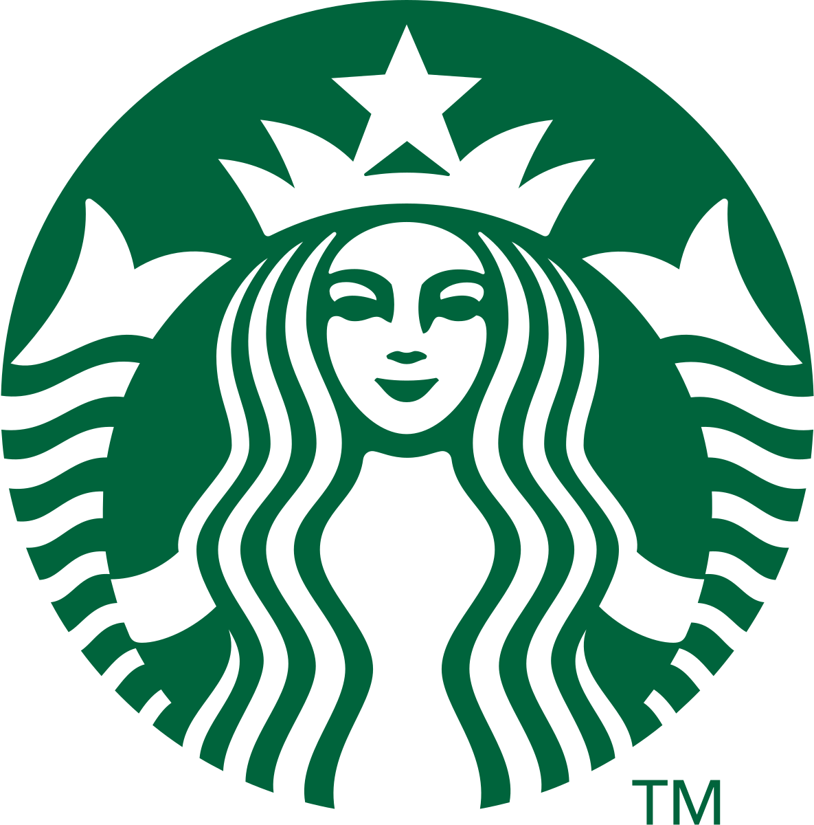 Green and white logo of Starbucks featuring a mermaid with long hair, a crown, and two tails.