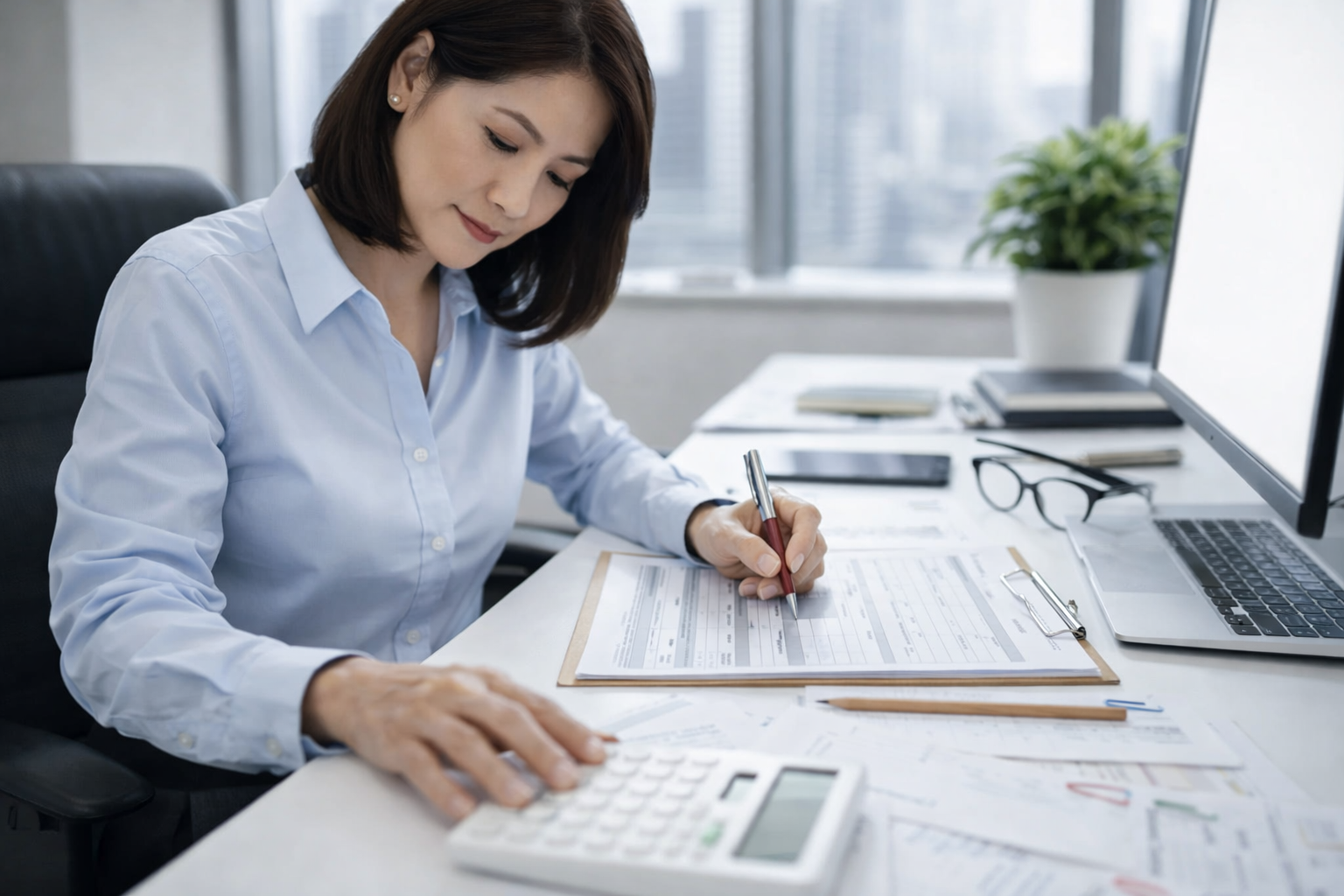 A woman in a light blue shirt sitting at a white desk, working with documents, a calculator, a pen, and a clipboard, in an office with a computer, glasses, and a potted plant.