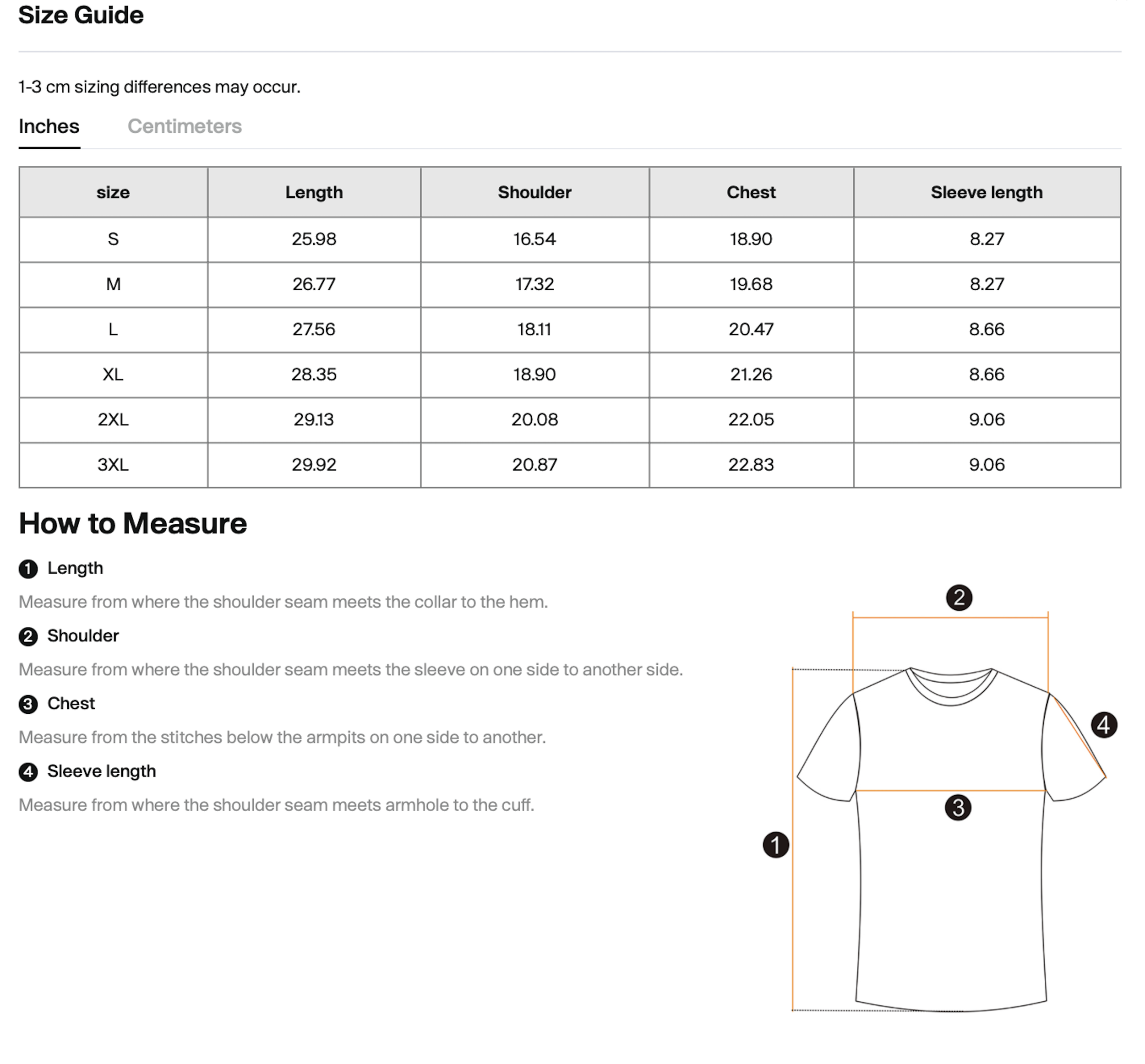 A size guide chart for clothing with measurements in inches for sizes S to 3XL, showing length, shoulder, chest, and sleeve length. Contains instructions on how to measure these dimensions with a diagram illustrating key measurement points.