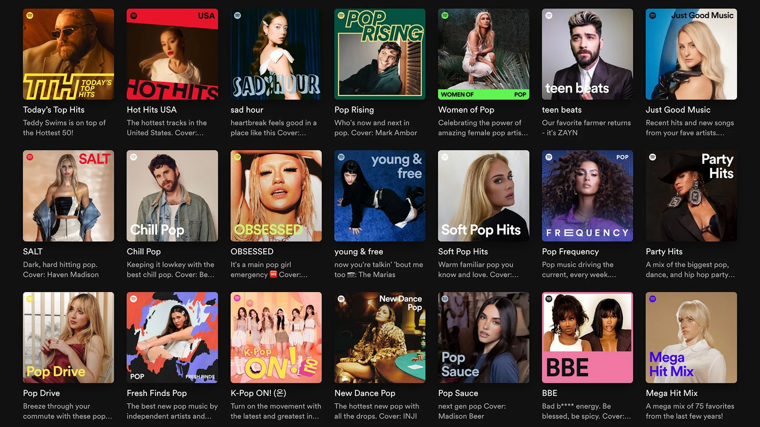 A streaming music app interface displaying multiple playlists and charts, including Top Hits, Hot Hits USA, Sad Hour, Pop Rising, Women of Pop, Teen Beats, Just Good Music, SALT, Chill Pop, OBSESSED, Young & Free, Soft Pop Hits, Pop Frequency, Party Hits, Pop Drive, Fresh Finds Pop, K-Pop ON!, New Dance Pop, Pop Sauce, BBE, and Mega Hit Mix.