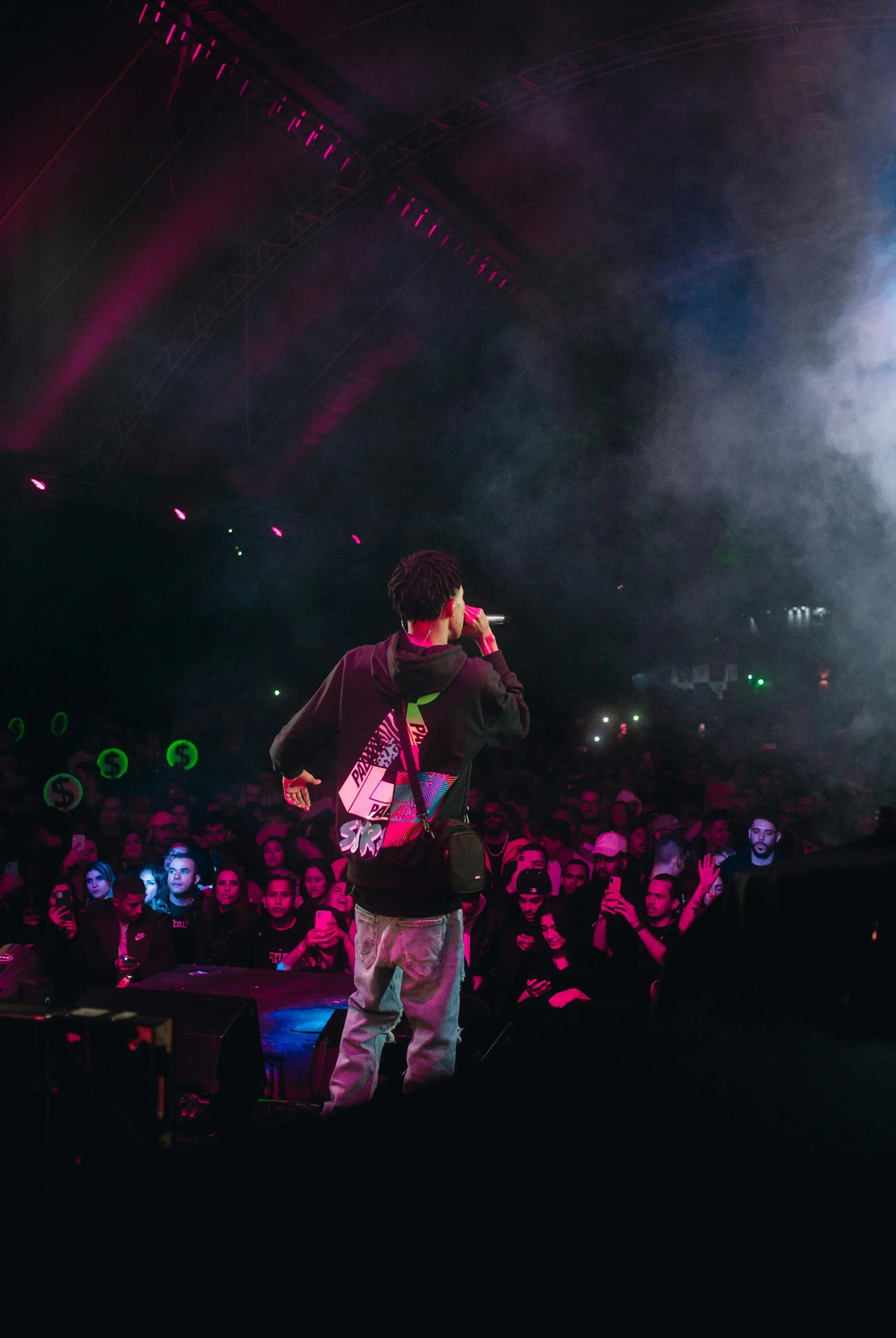 A performer on stage holding a microphone, facing a crowd in a concert venue with pink and purple lighting.