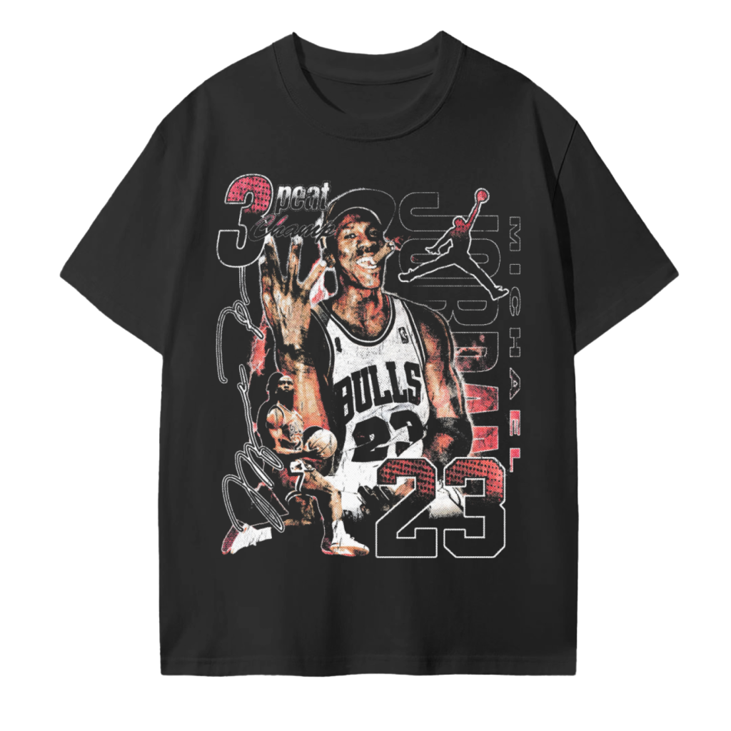 Black T-shirt featuring an illustration of Michael Jordan in a Chicago Bulls jersey, with the number 23, and various basketball-themed graphics and text.