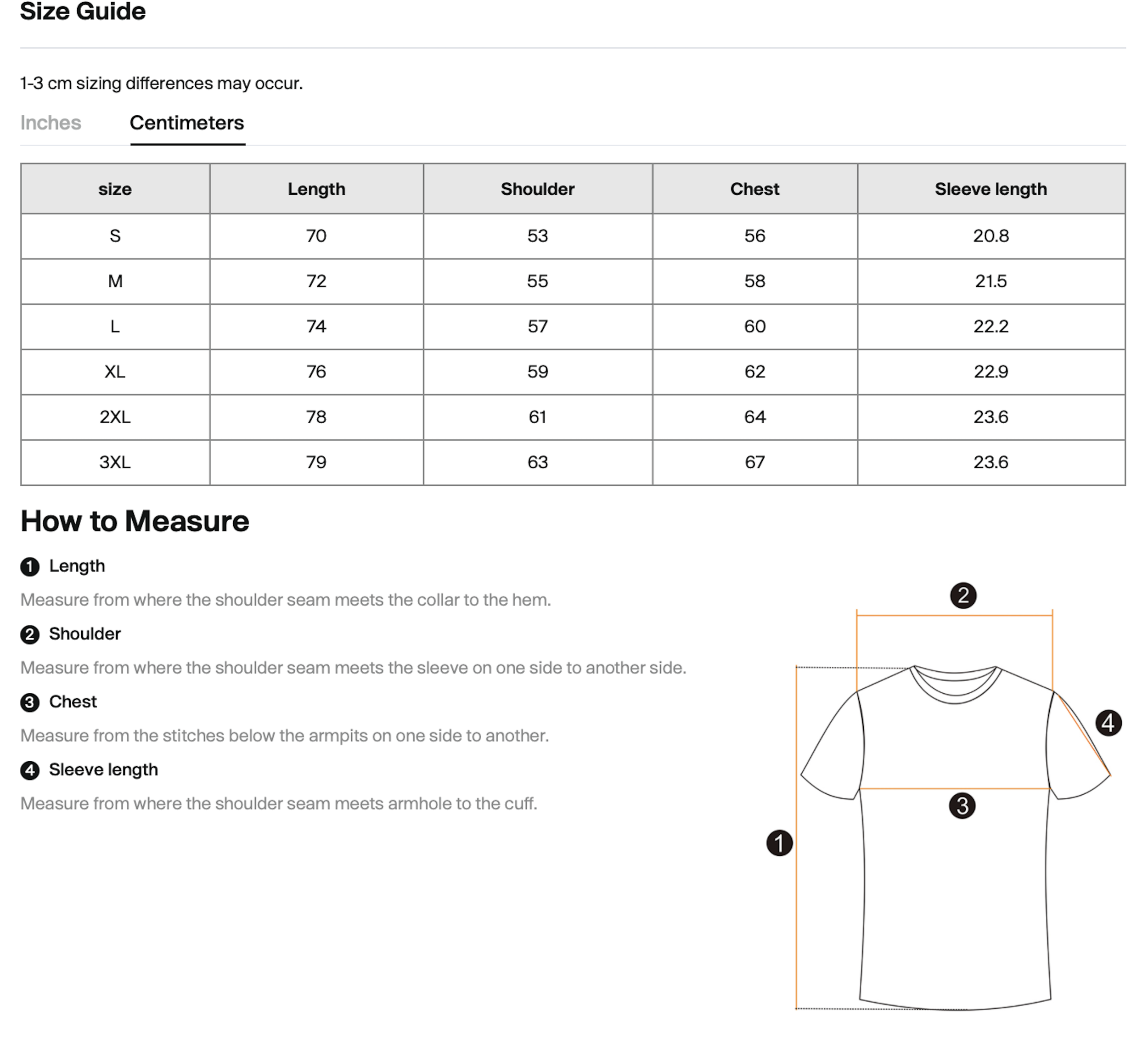 Size chart and measurement instructions for a shirt, including length, shoulder, chest, and sleeve length, with a diagram illustrating where to measure each one.