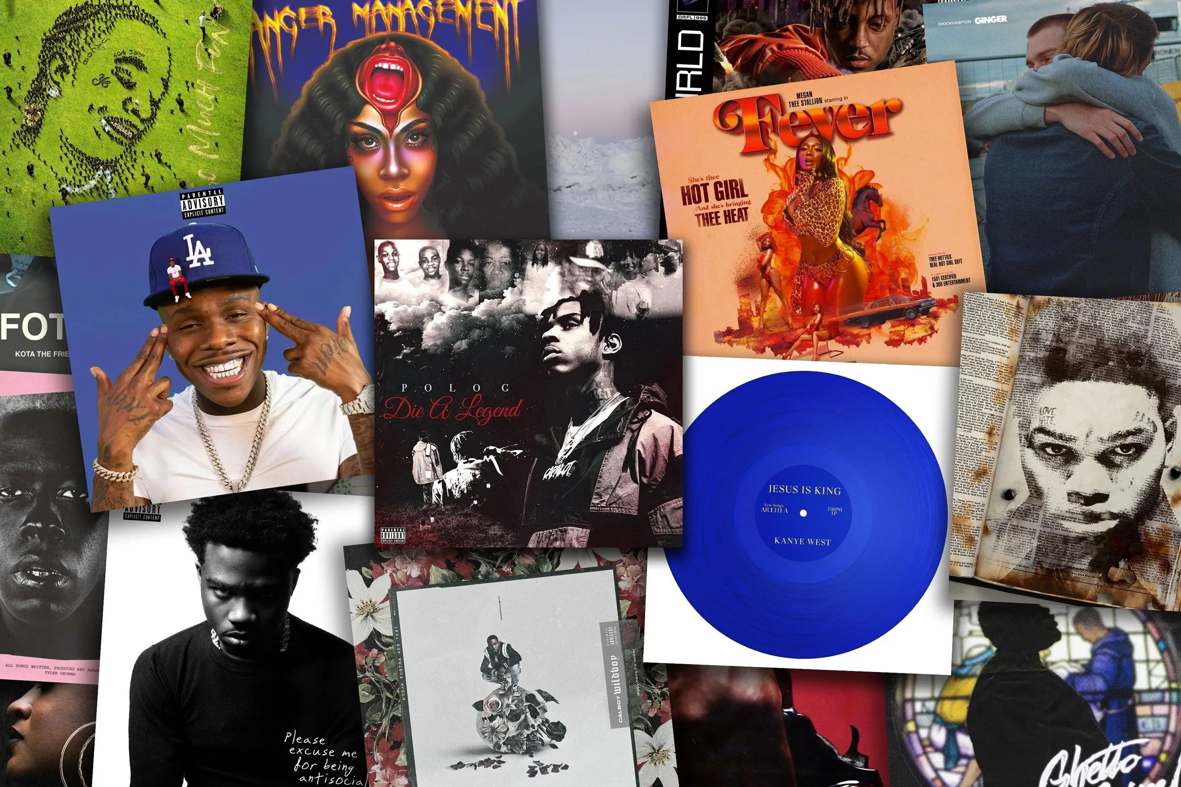 Collage of various album covers, photographs, and artwork featuring artists like Kanye West, Polo G, and others, with images of people, some embracing, and artistic designs.
