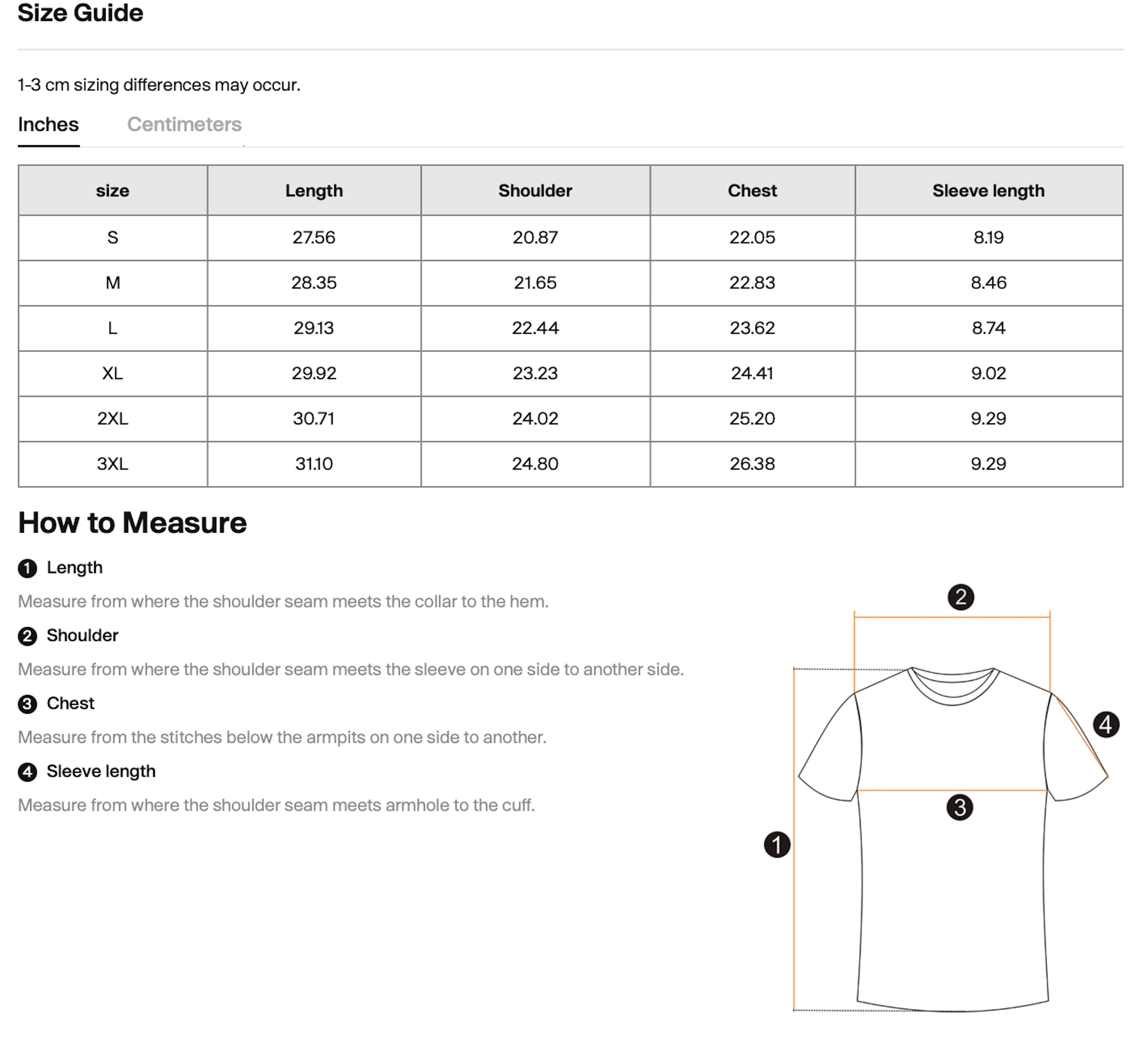 A size guide chart for a shirt, showing measurements for sizes small to 3XL, including length, shoulder, chest, and sleeve length. Instructions for measuring each part and a diagram illustrating measurement points are also provided.