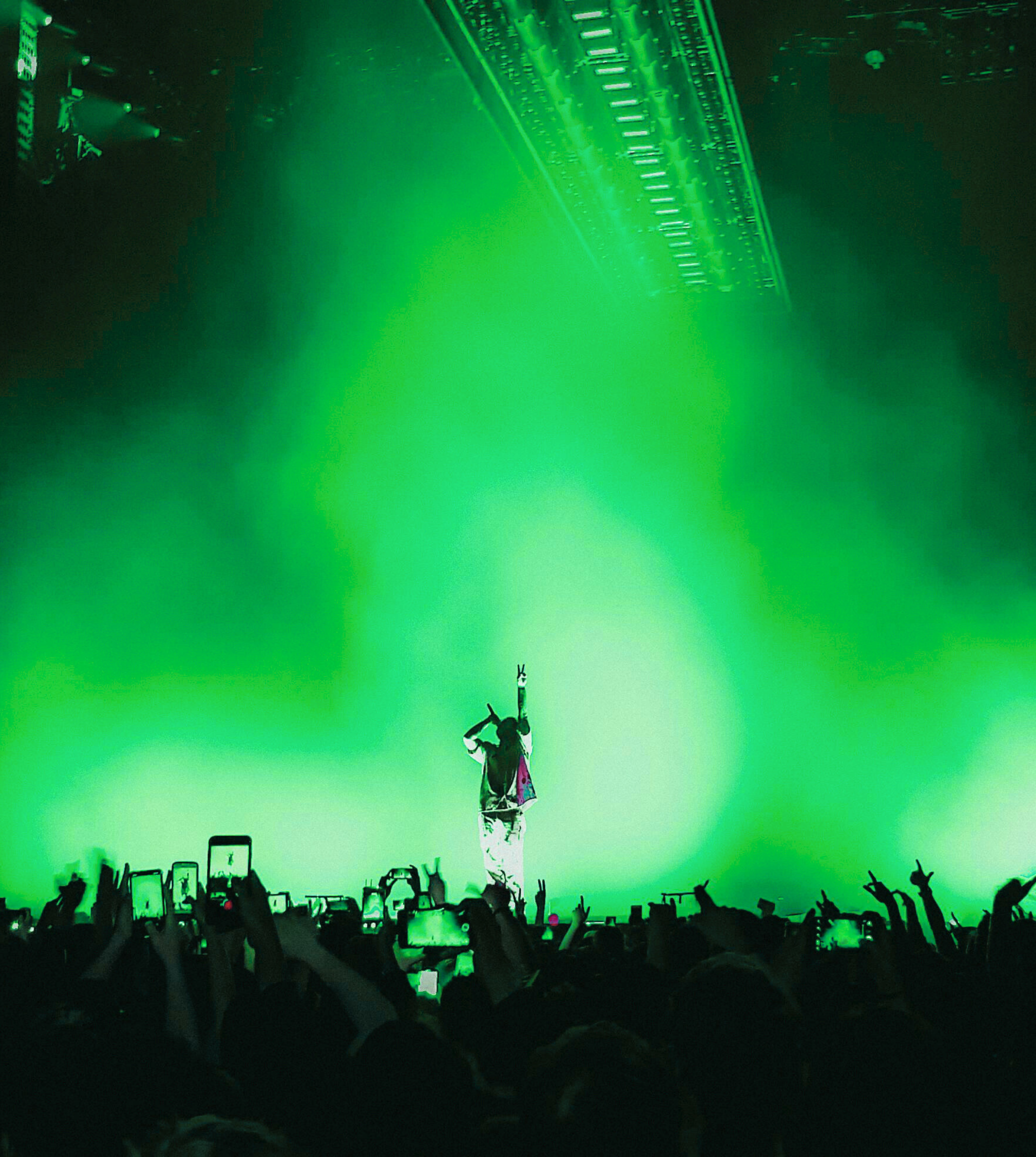 A performer on stage with vibrant green lighting and fog, holding a microphone and making a peace sign while an audience records and cheers.