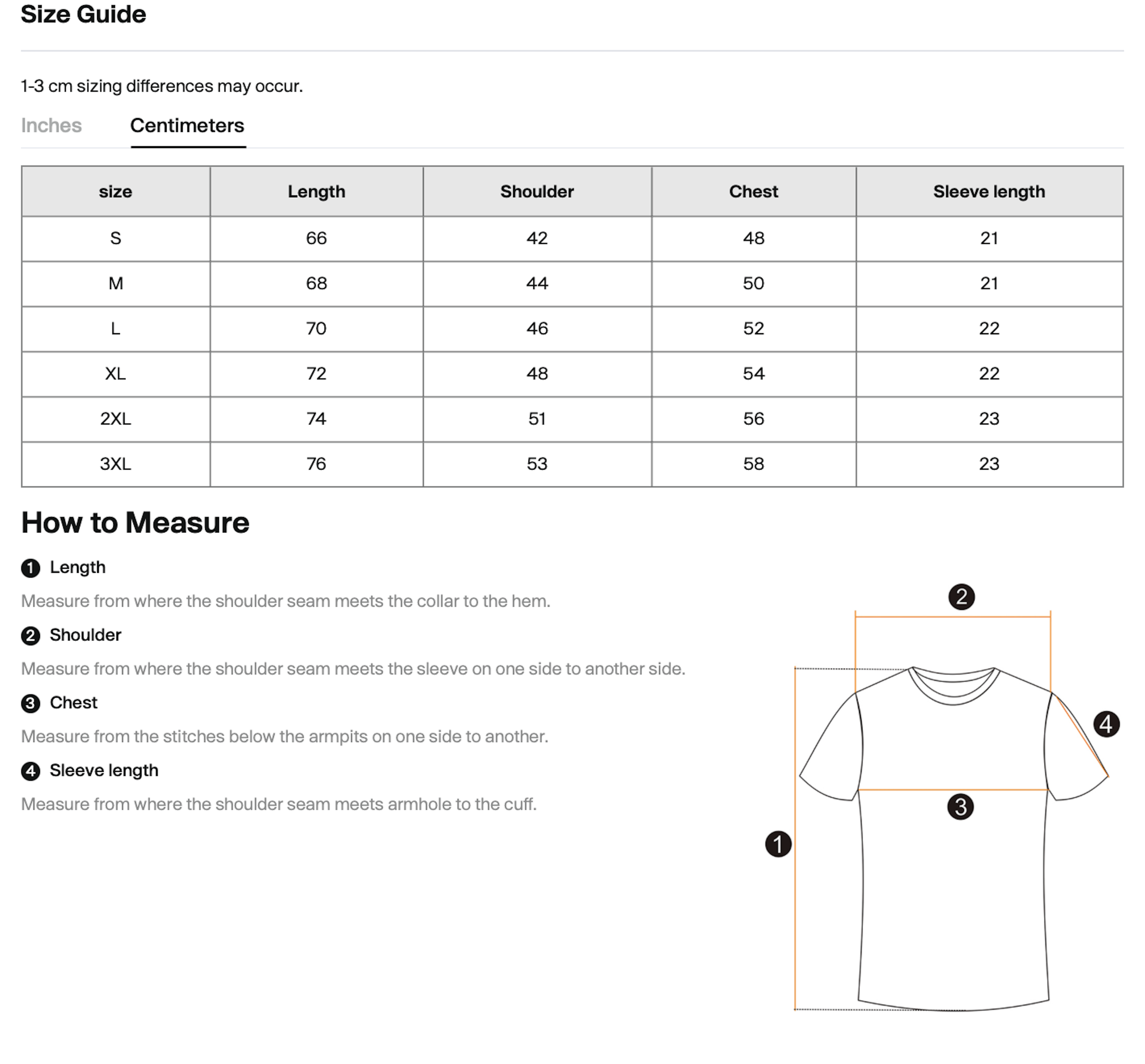 Size guide for a shirt with measurements in centimeters for sizes S to 3XL, including length, shoulder, chest, and sleeve length. Illustrates how to measure each dimension on a shirt.