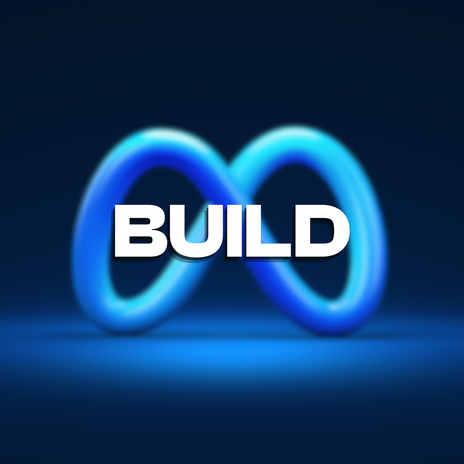 Futuristic blue and cyan infinity symbol with the word 'BUILD' in bold white letters overlaying the center.