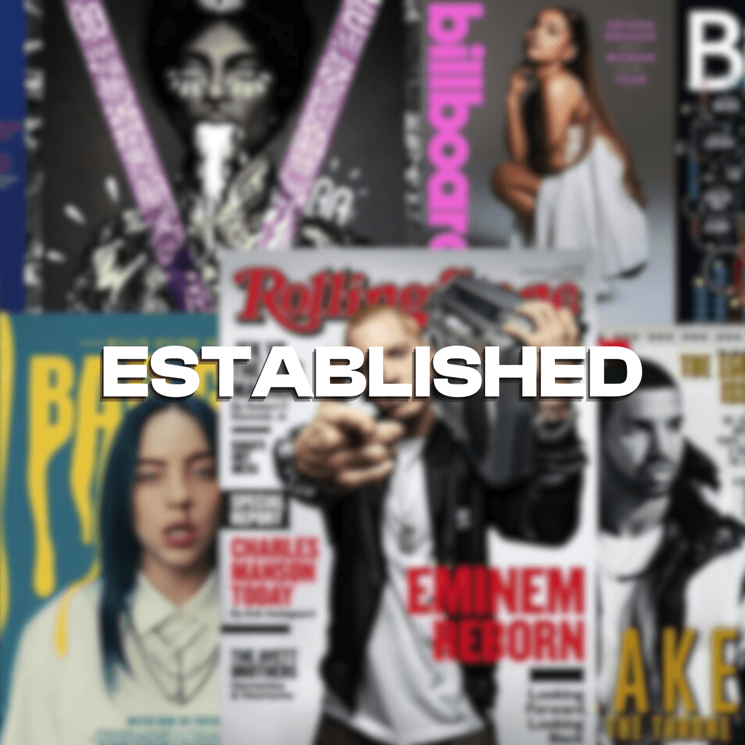 A collage of magazine covers featuring celebrities and musicians, with the word 'ESTABLISHED' overlaid.