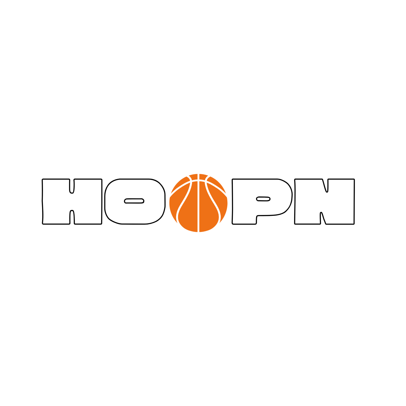 Logo with the word 'HOOPN' and a basketball replacing the letter 'O' on a black background.