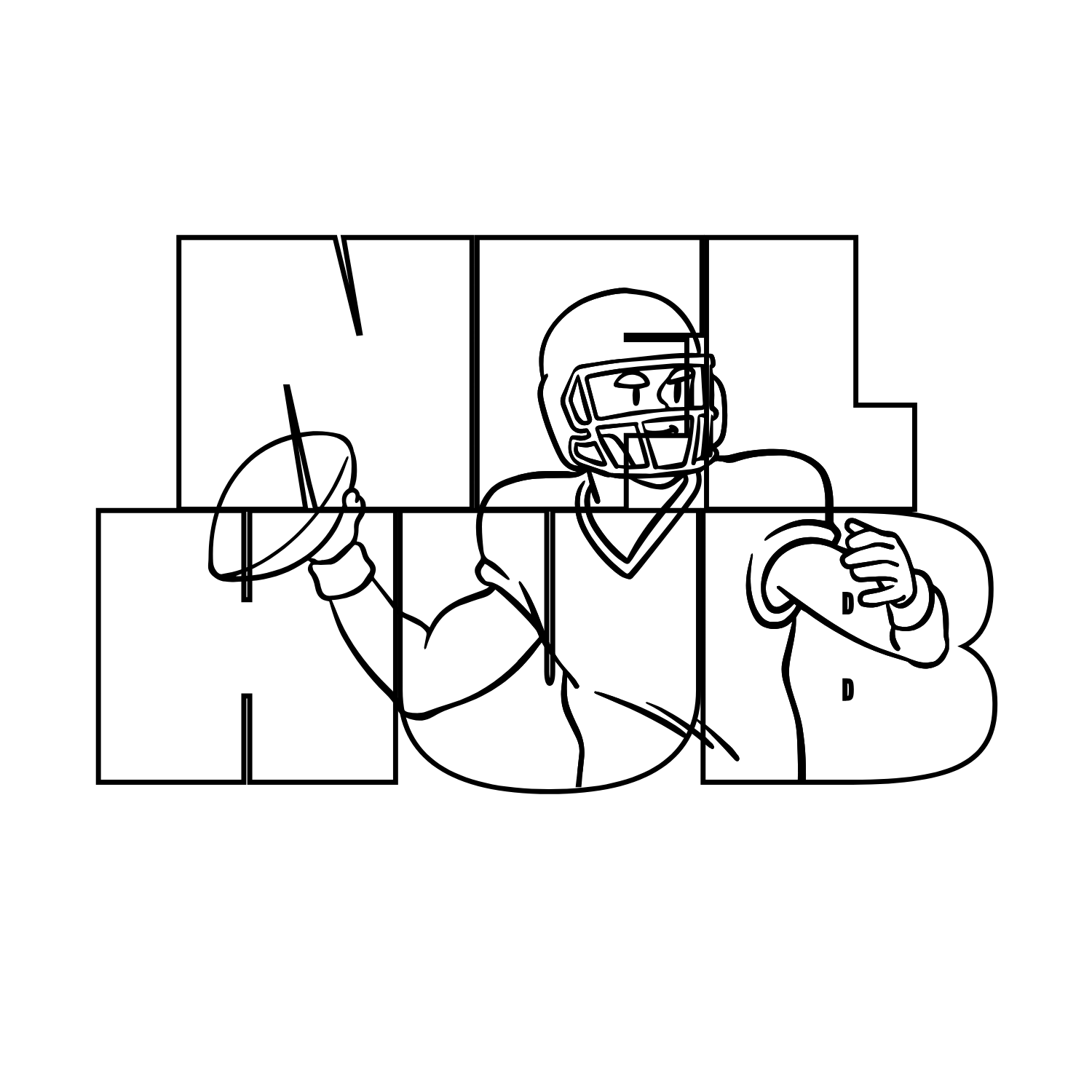Line drawing of a football player wearing a helmet and holding a football in one hand, with a fist bump gesture, divided into a grid with some lines misaligned.