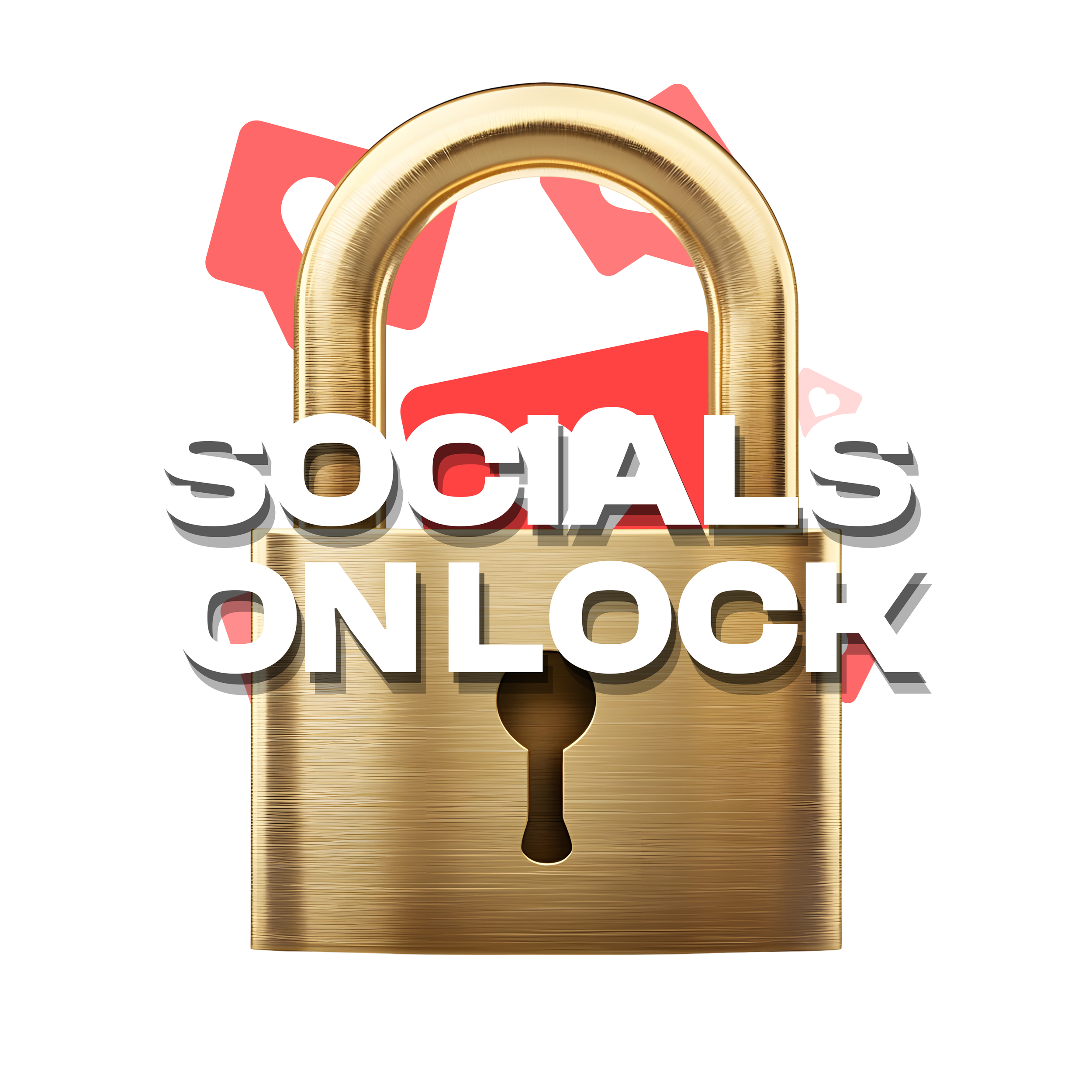 Golden lock with the words 'Socials On Lock' overlaid, and red notification icons in the background.