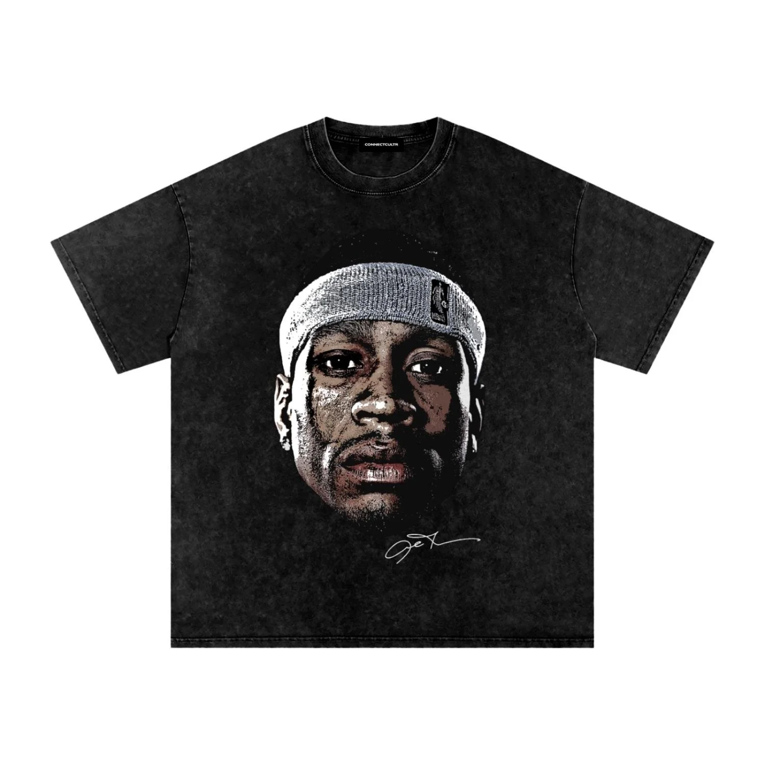 Black T-shirt with a large printed image of a person's face wearing a beanie and a signature below.