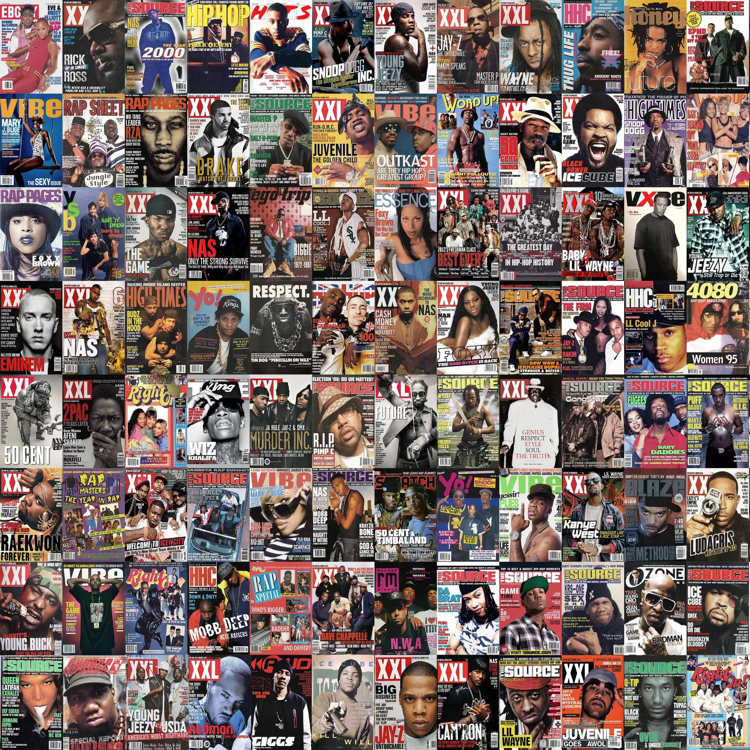 A collage of various magazine covers featuring hip-hop artists and rappers, predominantly from XXL, Source, and Vibe magazines, showcasing artists like Eminem, 50 Cent, Jay-Z, Lil Wayne, Snoop Dogg, and others, with colorful and bold titles.