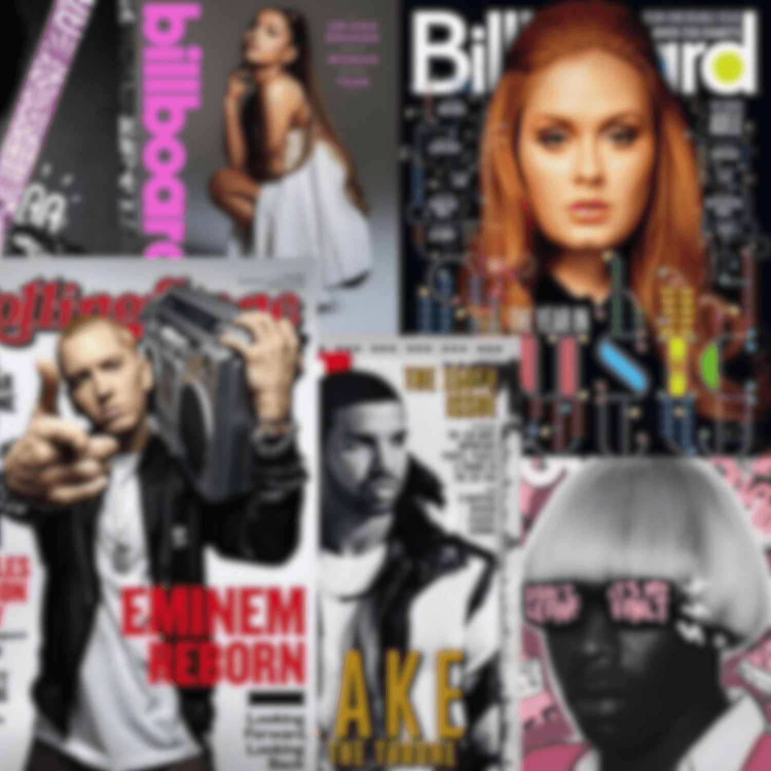 Collection of magazine covers featuring various artists, including a woman with long brown hair in a white dress, a woman with red hair, a man with short hair holding a boombox, a woman with glasses and a beanie, and a woman with top hair, with text and headlines overlaying the images.