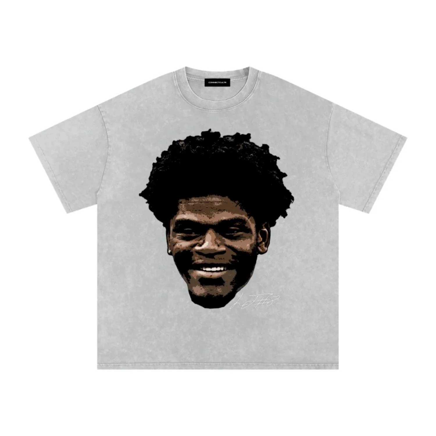 Gray t-shirt featuring a large graphic of a smiling man's face with short curly hair.