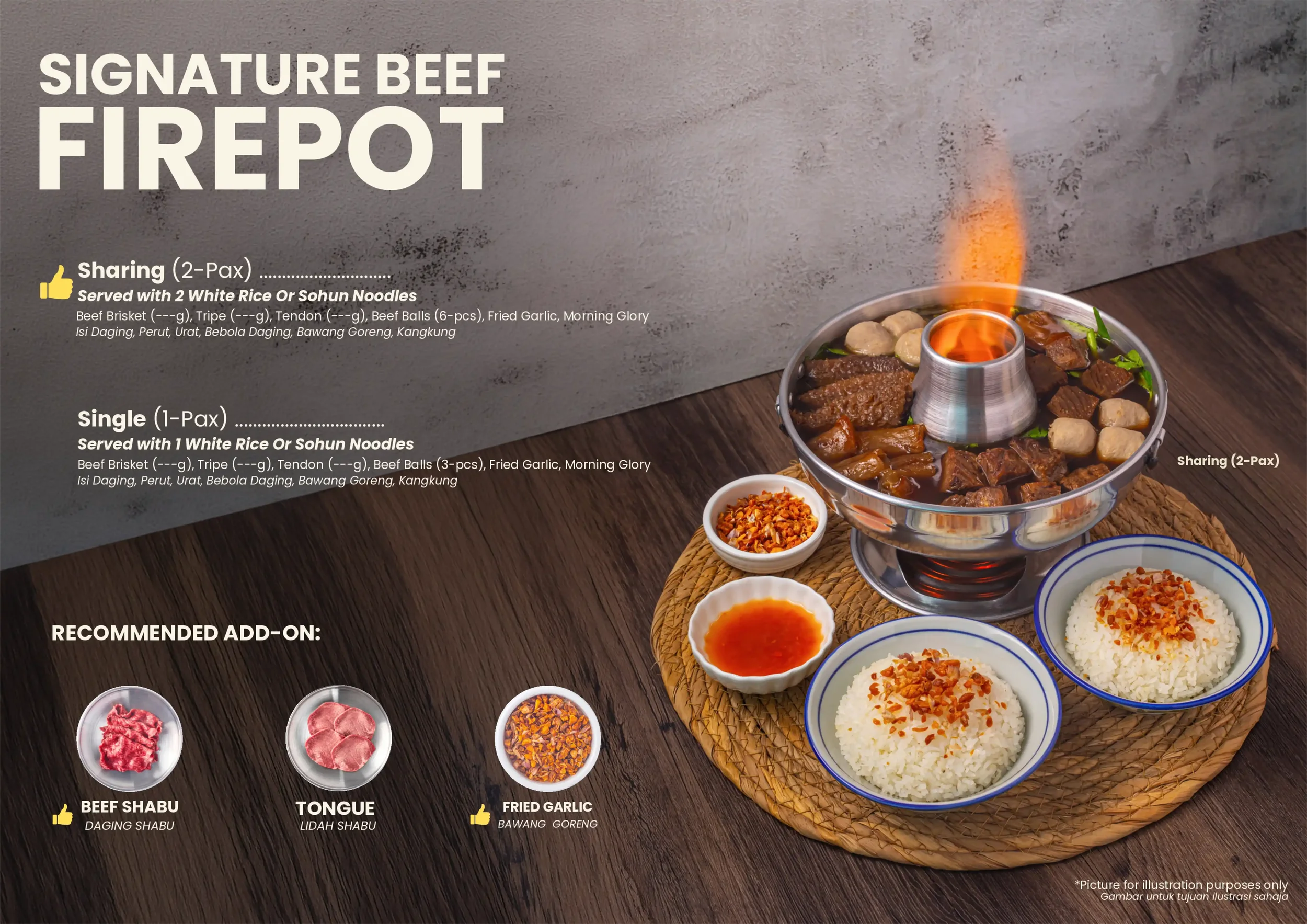 A menu board for a beef hotpot restaurant displays options for sharing and single servings, with images of various meats and side dishes like rice and chili.