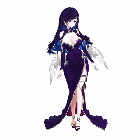 Anime-style female character with long dark hair, wearing a dark blue gown with slit, white feathered sleeves, and high heels.