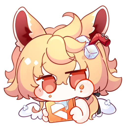 Chibi-style cartoon character with fox-like ears, blond hair, and a cheerful expression, holding a book or card