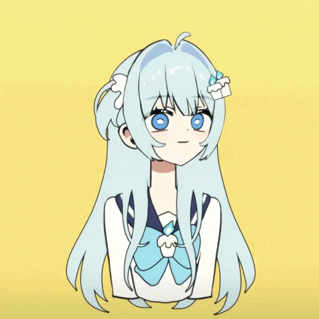 Anime-style girl with long light blue hair, big blue eyes, wearing a white and blue sailor-style outfit, smiling lightly against a yellow background.