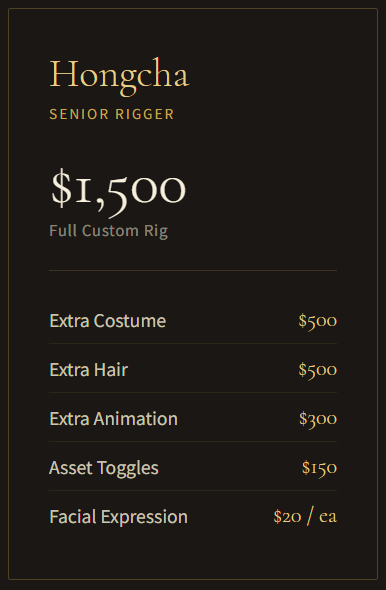 Price list for a custom rig named Hongcha, including extra costume, hair, animation, asset toggles, and facial expression options.