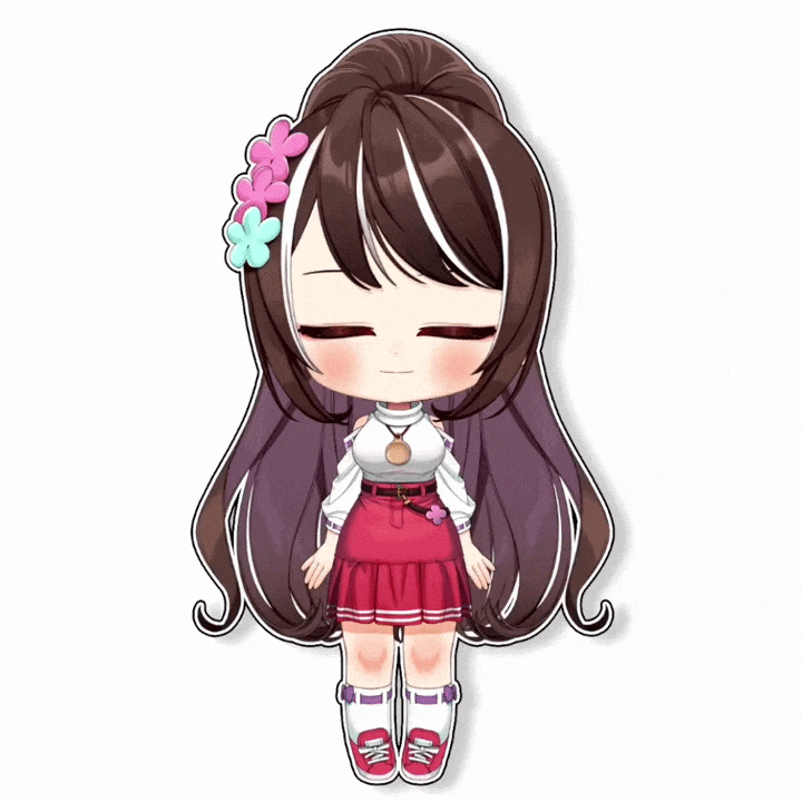 Anime-style girl with long brown hair, pink and blue flower hair accessories, wearing a white blouse, red skirt, pink sneakers, and a necklace with a round pendant, standing with eyes closed and a gentle smile.
